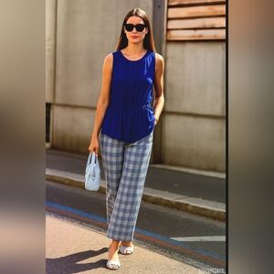 BIANCA Nygard🦋 Rare Blue Rayon Sleeveless Blouse with Unique Long Pleated Tie